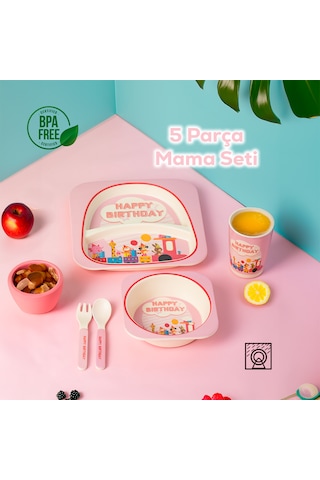 Porsima 233 Figürlü Mama Seti Bebek Mama Tabağı Bambu Mama Seti Pembe