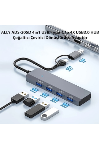 Ally Ads-305d 4in1 Usb/type-c To 4x Usb3.0 Hub Çoğaltıcı Çevirici Dönüştürücü Adaptör- 5775 Gri