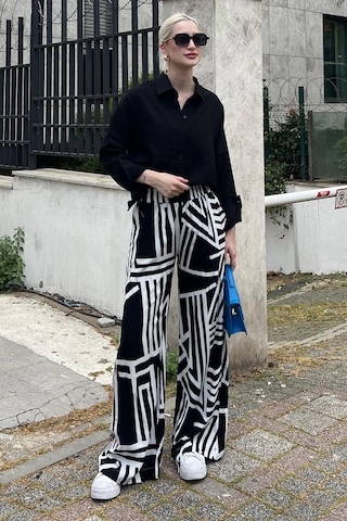 Madmext Siyah Desenli Beli Lastikli Bol Paça Pantolon Mg2051-siyah Siyah