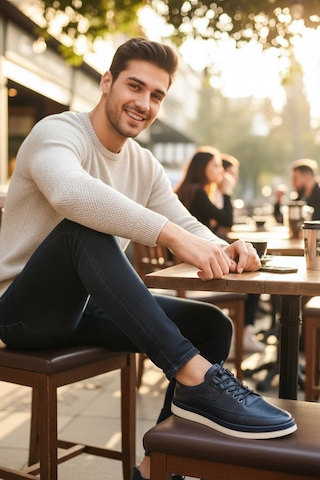 Enoch Hakiki Deri Lacivert Lazer Delikli Bağcıklı Erkek Sneaker Ortopedik Taban Lacivert