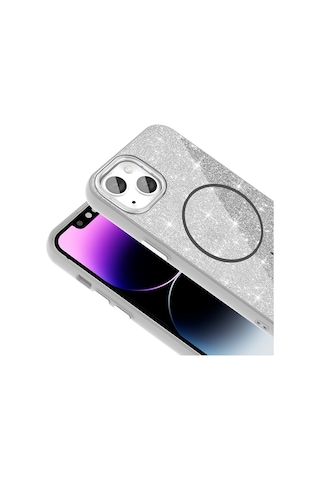 Apple Uyumlu iPhone 11 Kılıf Magsafe Şarj Özellikli Parlayan Simli Okso Kılıf Beyaz