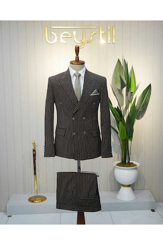 Bys Beystil Sivri Yaka Kahverengi Çizgili Kruvaze Takım Elbise Bezayak - Slim Fit