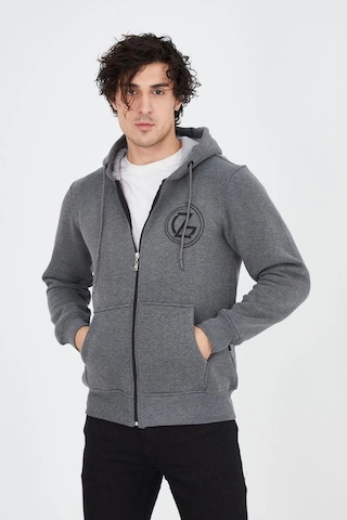 Mbb E-ticaret Erkek 3 İplik Pamuklu Fermuarlı Kapüşonlu Kanguru Cepli Baskılı Hoodie Hırka Sweatshirt - Füme