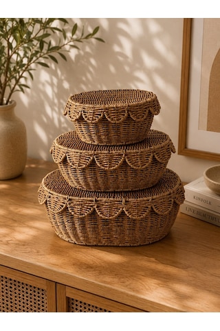 Qerhome Dantel Kenarlı 3'lü Rattan Sepet - Kapaklı Hasır Düzenleyici Kutular & Dekoratif Kutusu Mn-1684 Sarı