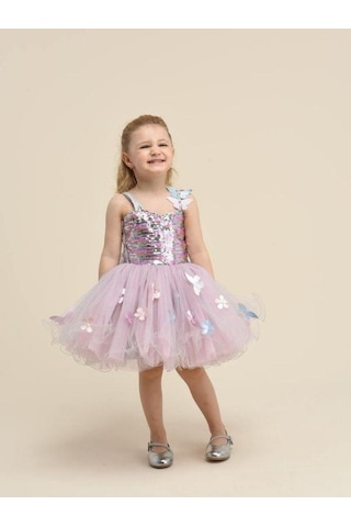 Ilgaz Kız Çocuk Pul İşlemeli Tül Detaylı Kelebek Tasarımlı Abiye Elbise-15279 Pudra