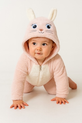 Unisex Bebek Kapüşonlu Tavşan Desenli Peluş Tulum Bej