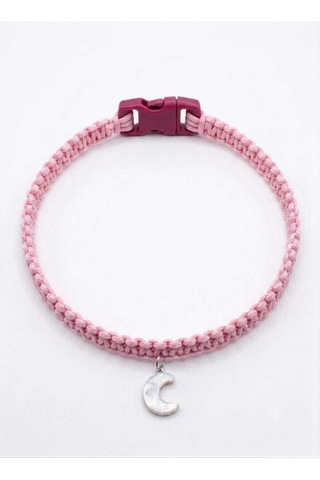 Pembe El Örgüsü Makrome Kedi Tasması 27 Cm - Ay Figürlü Charm Şık Kedi Boyun Tasması