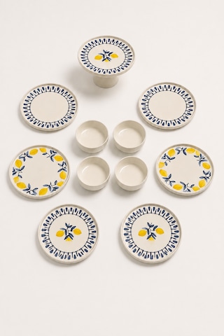 Mavi Limon 11 Parça 6 Kişilik Handmade Stackable Seramik Tabak Seti Premium Sunum & Kahvaltı Takımı Beyaz