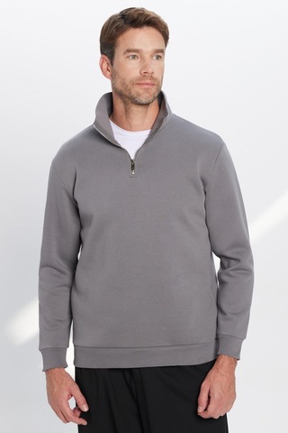 Tudors Unisex Relax Fit Rahat Kesim Pamuklu İçi Polarlı Yarım Fermuarlı Gri Dik Yaka Sweatshirt-31445 Gri