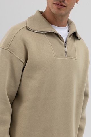 Vamos Basic Fermuarlı Dik Yaka Sweatshirt Haki