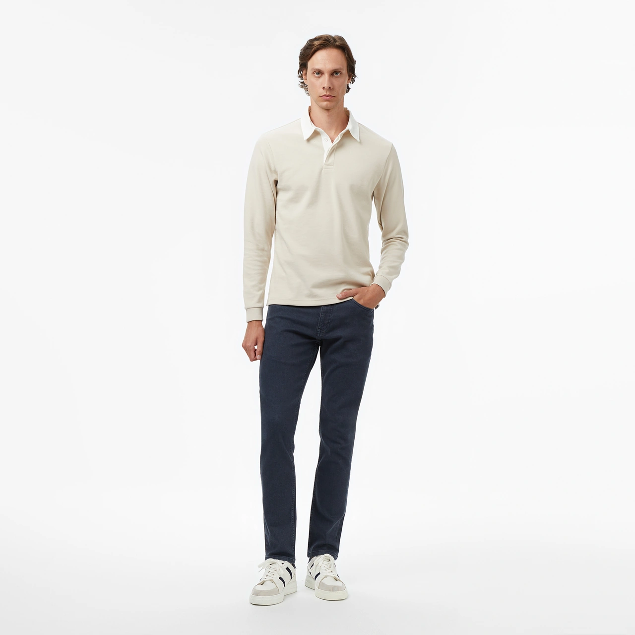 Nautica Erkek Bej Classic Fit Uzun Kollu Polo Yaka T-shirt Düz K57011t Bej