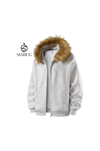 Erkek Sonbahar Ve Kış Suni Kürk Yaka Fermuarlı Sweatshirt Ceket Gri
