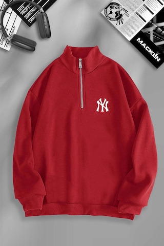 Macklin Unisex Kadın Erkek Ny Baskılı Yarım Fermuarlı Dik Yaka Basic Sweatshirt Kırmızı Mck0975 Kırmızı