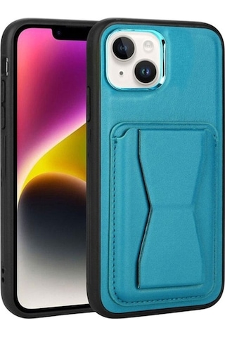 Apple Uyumlu iPhone 14 Plus Kılıf Kartlıklı Standlı Pu Deri Zore Memo Kapak Mavi