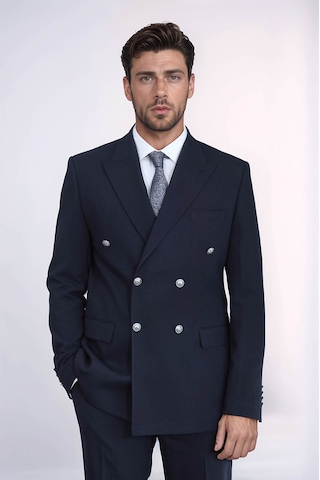 Gümüş Renk Metal Düğmeli Slim Fit Kruvaze Lacivert Erkek Takım Elbise Wessi Lacivert