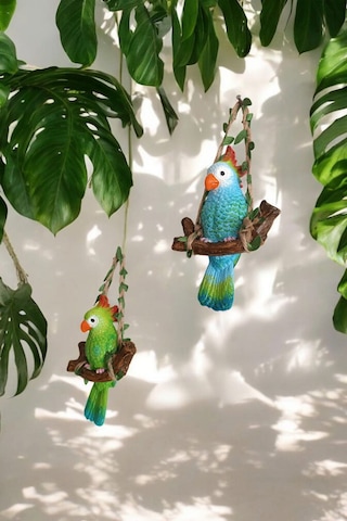 2 Adet Dekoratif Sallanan Duvar Ve Bahçe Süsü Papağan Mavi-yeşil