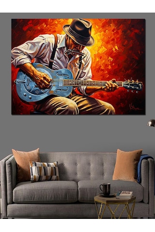Mavi Gitar Çalan Adam Dekoratif Kanvas - Mdf Ahşap Tablo