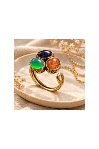 Esoo Jewelry Doğal Taş Detaylı 3 Taşlı Vintage Gold Ayarlanabilir Kadın Yüzük - Lacivert Yeşil Kahve Mavi - Yeşil