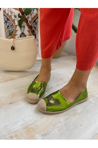 Günlük Kadın Metalik Hasır Detaylı Kadın Espadril Yeşil