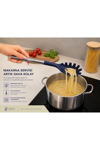 Silikon Makarna Servis Kaşığı, Paslanmaz Çelik Saplı, Lacivert, 34 Cm