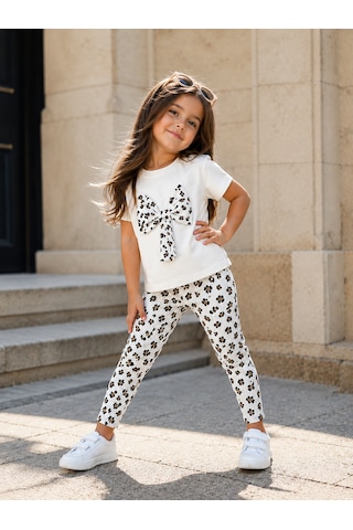 Baby Lory Kids Store Kız Çocuk Leopar Desenli Tayt Takım Beyaz - Leopar