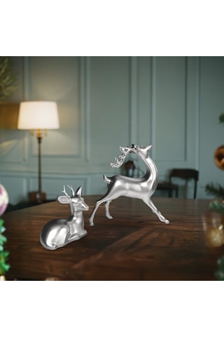 Dekoratif Gümüş Renk 2'li Geyik Biblo Seti