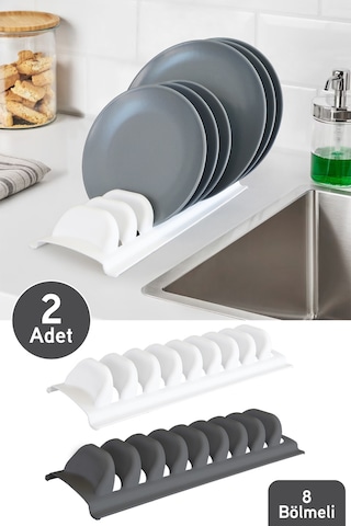 İronika Bulaşıklık 8 Li Tezgah Üstü Tabak Kurutmalık 2 Adet Antrasit Beyaz Beyaz
