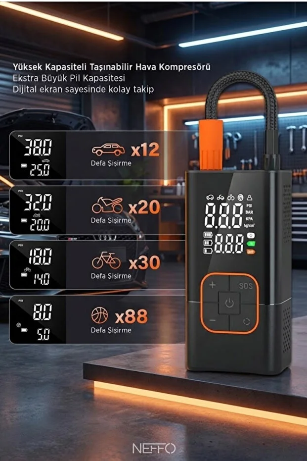Taşınabilir Lastik Şişirme 150 Psi Pompa Çift Ekran Dijital Hava Pompası Hava Kompresör Powerbank 0 - 150 Psı 0 - 10 Bar