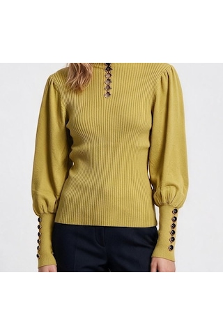 Vedi Kadın Dik Yaka Zincir Detaylı Fitilli Örme Uzun Kollu Bluz Yeşil