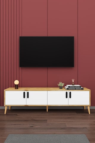 Asra Trend Tv Ünitesi T-03 %100 MDF 160 cm Tv Sehpası 4 Kapaklı Raflı Beyaz-Petra