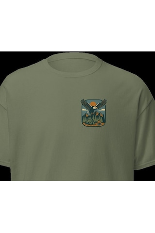 Wildstyle Kartal Renkli Vintage Yaban Hayat Doğa Dağ Rozet Baskılı Unisex Bisiklet Yaka Pamuklu Tişört Haki