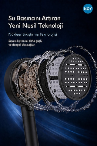 Duş Başlığı Seti Filtreli Duş Başlığı 6 Fonksiyonlu 5 Yedek Filtre Hediyeli Premium Serisi Siyahmat