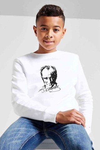Atatürk 23 Nisan Baskılı Unisex Çocuk Beyaz Sweatshirt Beyaz