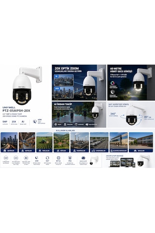 Uniywell 4.5 İnc 5 Mp Aı İnsan Takip 20x Speed Dome Ptz Kamera 60 Mt Hibrit Gece Görüşü