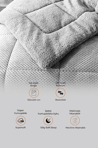Ultra Yumuşak Tek Kişilik Çift Taraflı Wellsoft Peluş Yorgan Yıkanabilir 160x220 Gri Gri