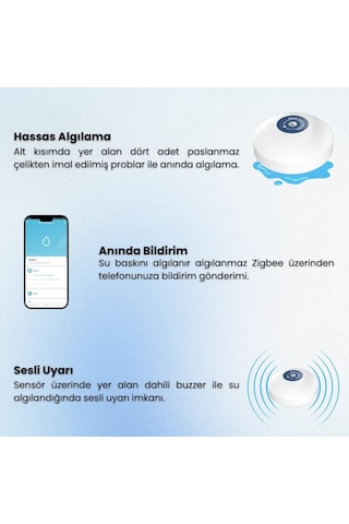 Zigbee Su Baskını Sensörü - Dahili Alarmlı Tuya, Smart Life , Zigbee2mqtt Uyumlu