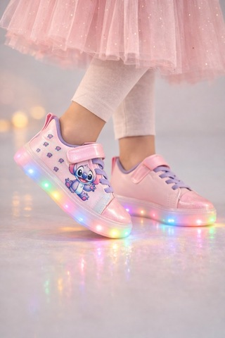 Minibonito Kız Çocuk Desenli Işıklı Led Tabanlı Simli Cırt Cırtlı Sneaker Pembe