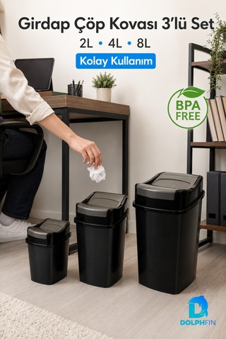 Girdap 3 Lü Sallanır Kapaklı Çöp Kovası Seti 2 L 4 L 8 L Banyo Mutfak Siyah