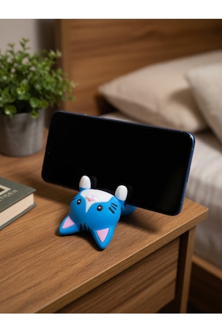 Mavi Kedi Figürlü Telefon Tutucu Stand - 3d Baskı Ofis Masaüstü Aksesuarı Ve Biblo