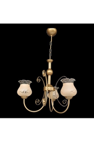 Üçlü Fiskiyeli Avize Eskitme Statik Boyalı Metal Top Detaylı Somon Rengi Desenli Camlı