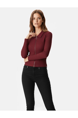 Koton Fermuarlı Slim Fit Gömlek Yaka Kaşkorse Uzun Kollu Tişört Bordo 6wal10120ık Bordo