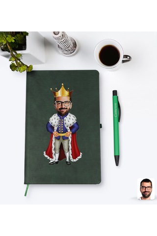 Kişiye Özel Kral Karikatürlü Yeşil Termo Deri Defter Kalem Seti M