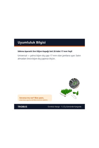 Trobus Sökme Aparatlı Sivri Bijon Kapağı Seti 20 Adet 17 Mm Yeşil