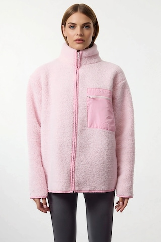 Benerly Kadın Dik Yaka Düşük Kol Tam Fermuarlı Peluş Sweatshirt Fonksiyon Açık Pembe