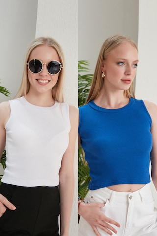 Catspy Kadın Halter Yaka 2'li Crop Bluz Atlet Beyaz - Saks