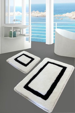 Chilai Home Quadrato Siyah 2'li Set Banyo Halısı Paspas Kaymaz Taban Yıkanabilir Akrilik Siyah