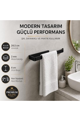 Lamalı Siyah Yapışkanlı Lüks Tasarım Solo Peçetelik, Metal Havluluk, Hem Yapışkanlı Hem Vidalı Montajlı, Ban Genel