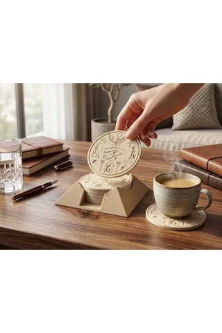 Riti Design Antik Mısır Temalı 3d Baskı 5'li Bardak Altlığı Seti + Piramit Stand