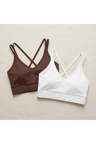Stormwear Kadın 2'li Paket Çapraz Askılı Dalgıç Kumaş Crop Bustiyer Seti - Kahverengi & Beyaz Spor Bralet Top Beyaz - Kahverengi