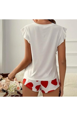 Kadın Pijama Takımı Fırfırlı Kısa Kollu Üst Ve Aşk Kalbi Baskılı Şort Seti Yazlık Günlük 2 Parça Gecelik Ev Giyim Seti Pembe